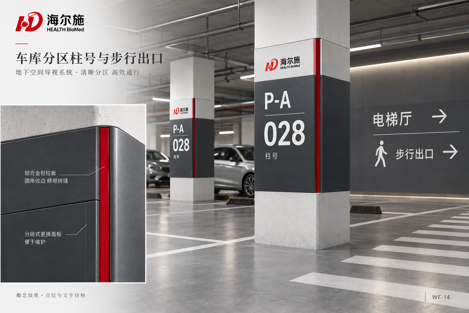 WF-14 · 车库分区柱号与步行出口
